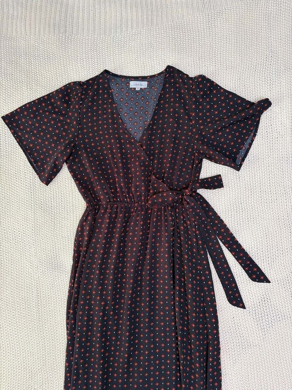 One Loved Babe Black Geometric Print Wrap-Style Midi Dress with Border Hem